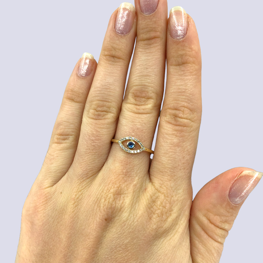 14K Yellow Gold Evil Eye Ring Inlaid With Blue Sapphire And Diamonds, Size 6