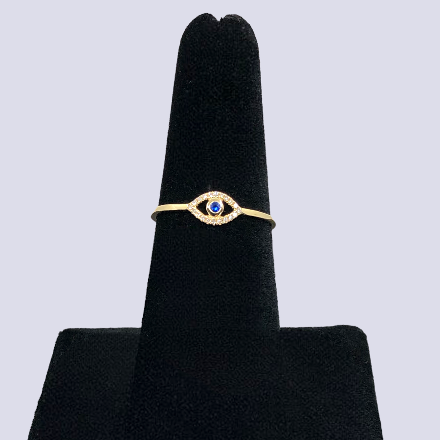 14K Yellow Gold Evil Eye Ring Inlaid With Blue Sapphire And Diamonds, Size 8