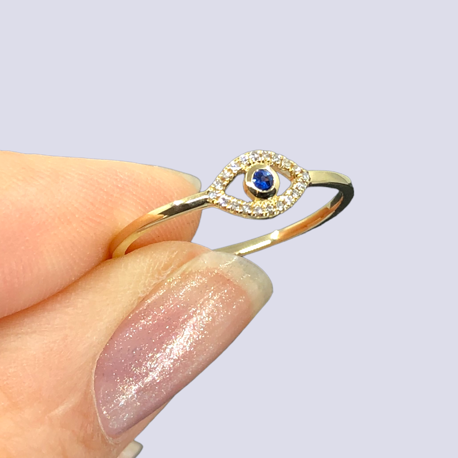 14K Yellow Gold Evil Eye Ring Inlaid With Blue Sapphire And Diamonds, Size 8