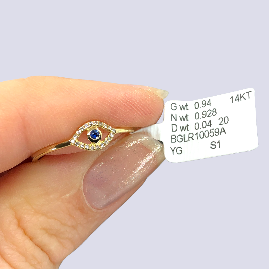 14K Yellow Gold Evil Eye Ring Inlaid With Blue Sapphire And Diamonds, Size 7