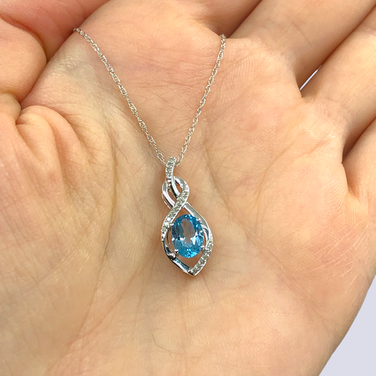 Blue Topaz and Diamonds Accented Birthstone Necklace in 10K White Gold