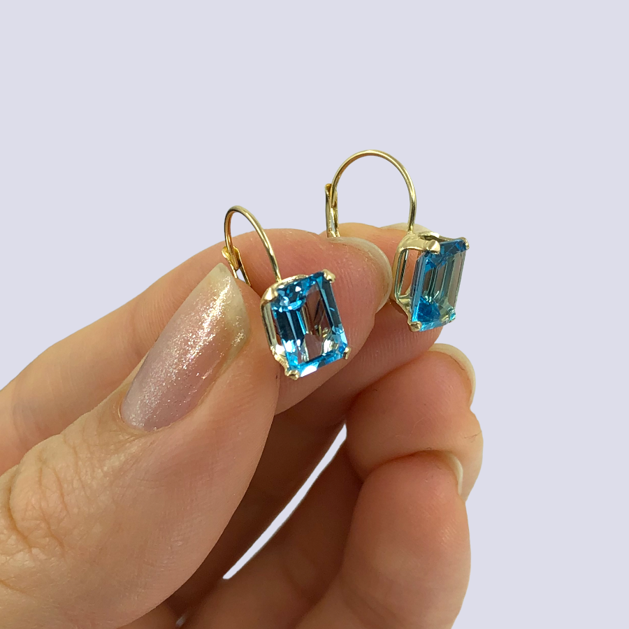 14K Yellow Gold Lever Back Earrings With Blue Topaz