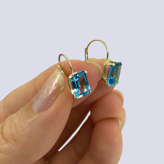 14K Yellow Gold Lever Back Earrings With Blue Topaz