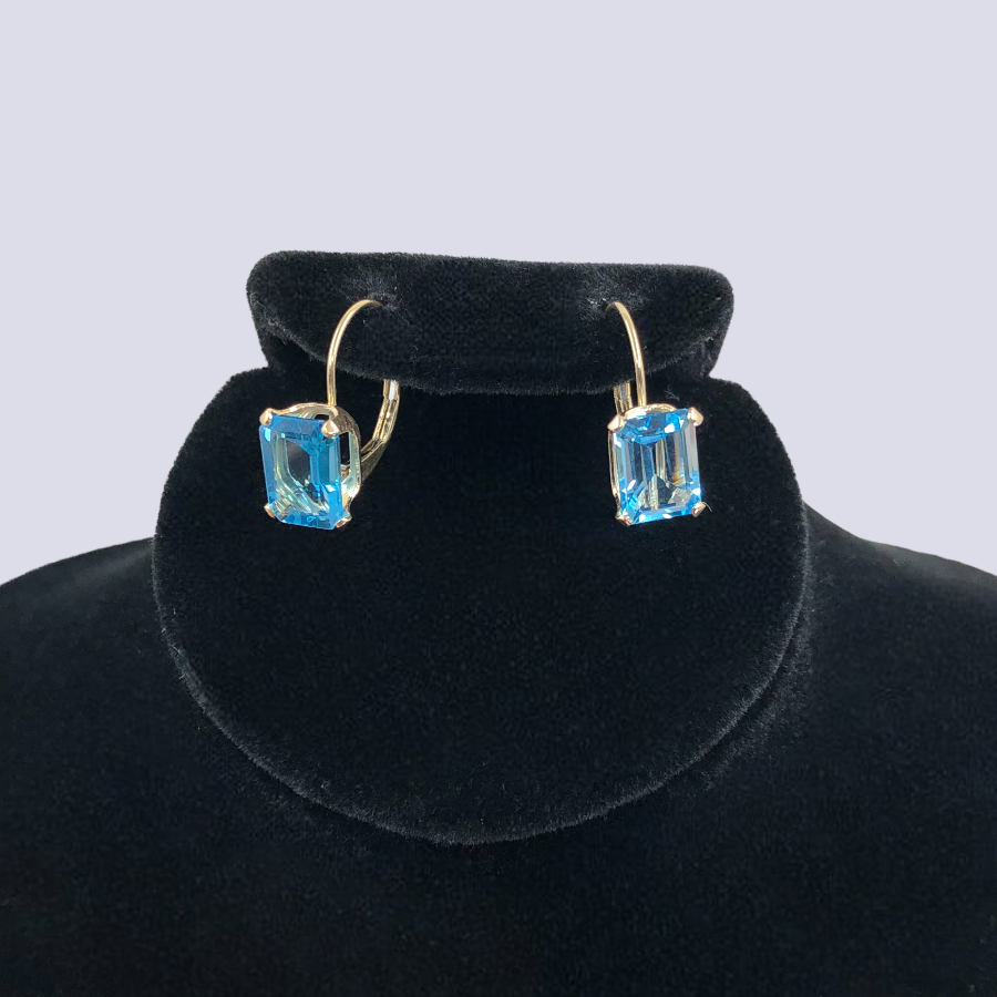 14K Yellow Gold Lever Back Earrings With Blue Topaz