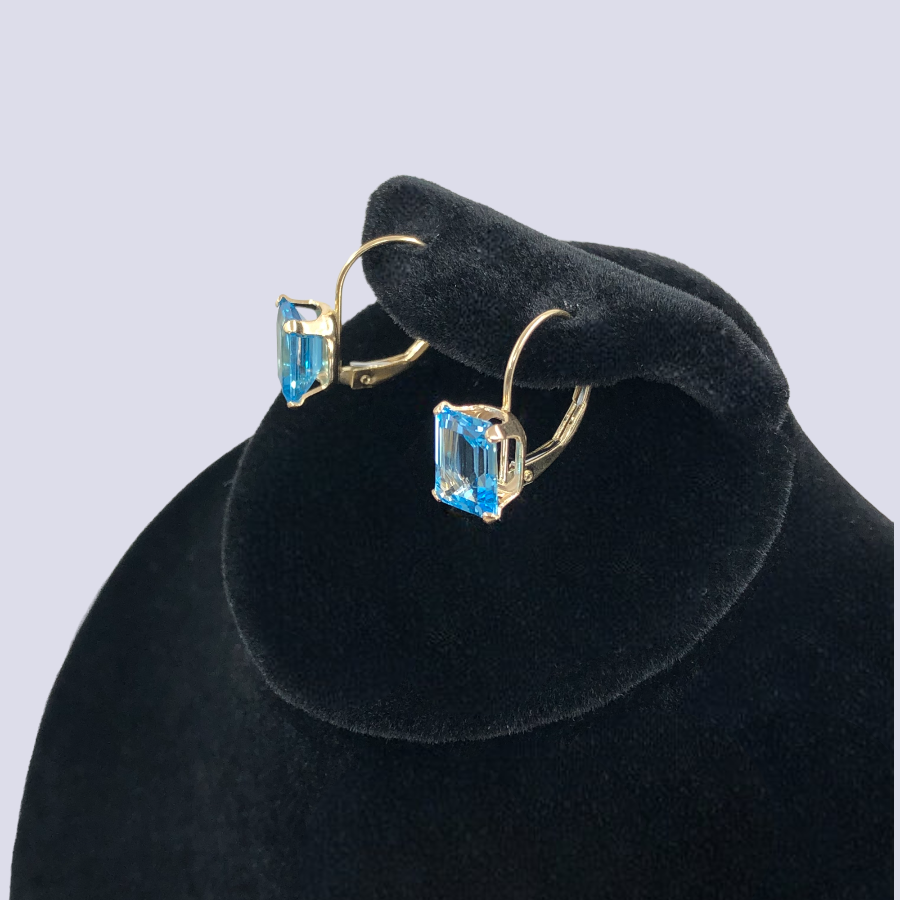 14K Yellow Gold Lever Back Earrings With Blue Topaz