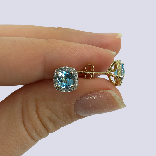 10K Yellow Gold Stud Earrings Inlaid With Blue Topaz And Diamond Halo