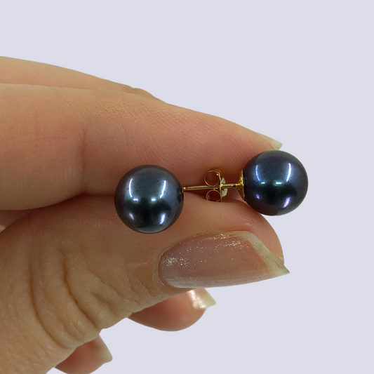 14K Yellow Gold Stud Earrings With Black Pearls