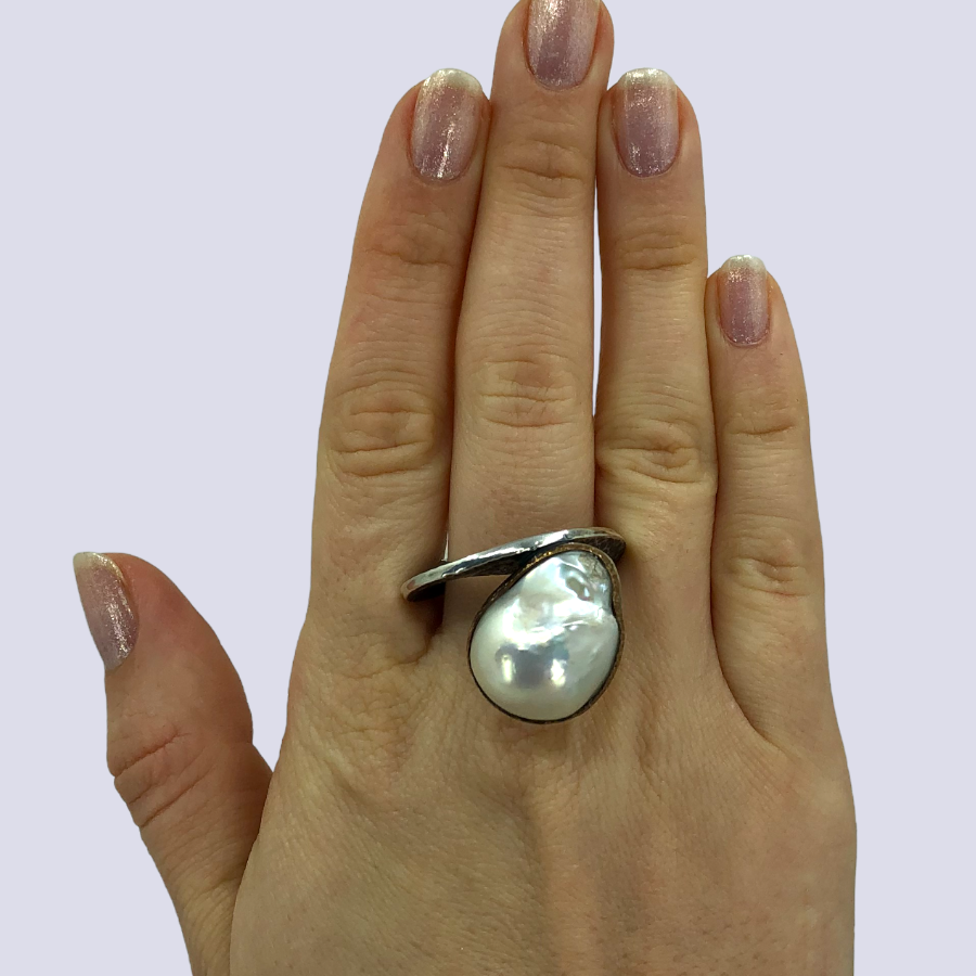 925 Sterling Silver Ring With Baroque Pearl, Size 8.5