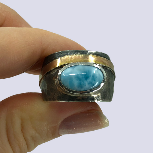 925 Oxidized Silver Ring With Larimar, Size 8.5