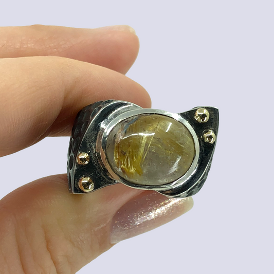 925 Oxidized Silver Ring With Rutilated Quartz, Size 8