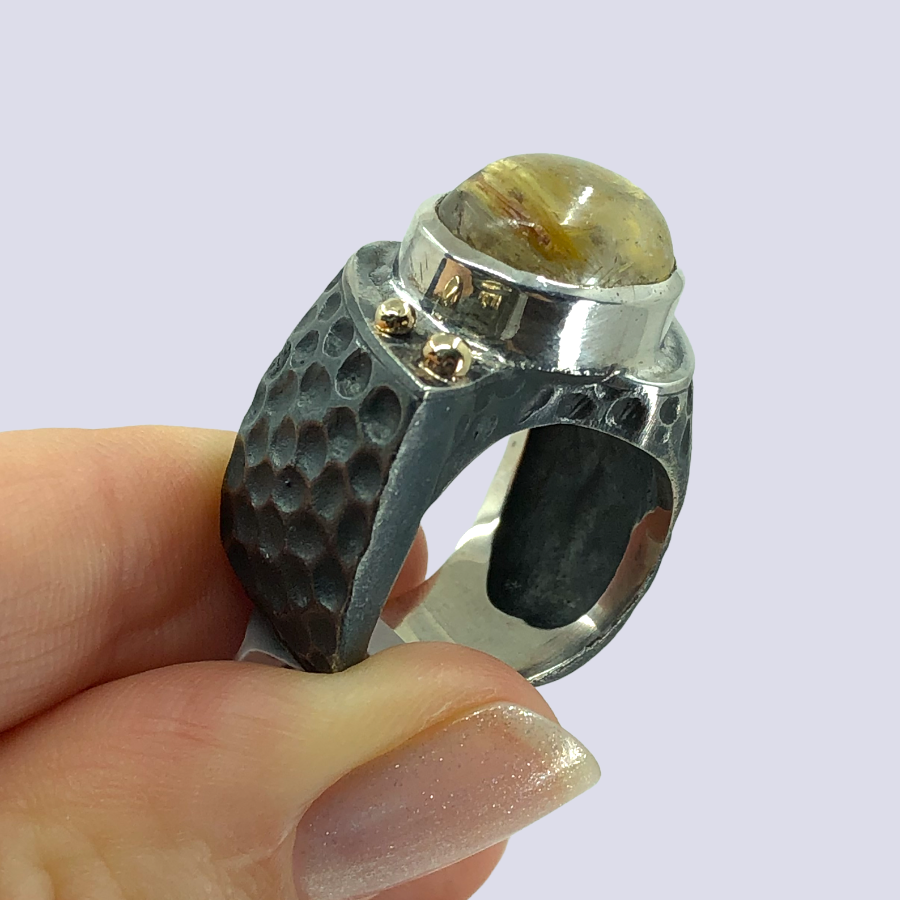 925 Oxidized Silver Ring With Rutilated Quartz, Size 8