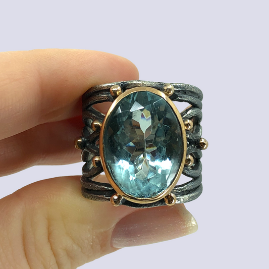 925 Oxidized Silver Ring With Blue Topaz, Size 10