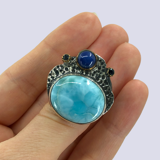 925 Oxidized Silver Ring With Larimar And Sapphires, Size 8.5