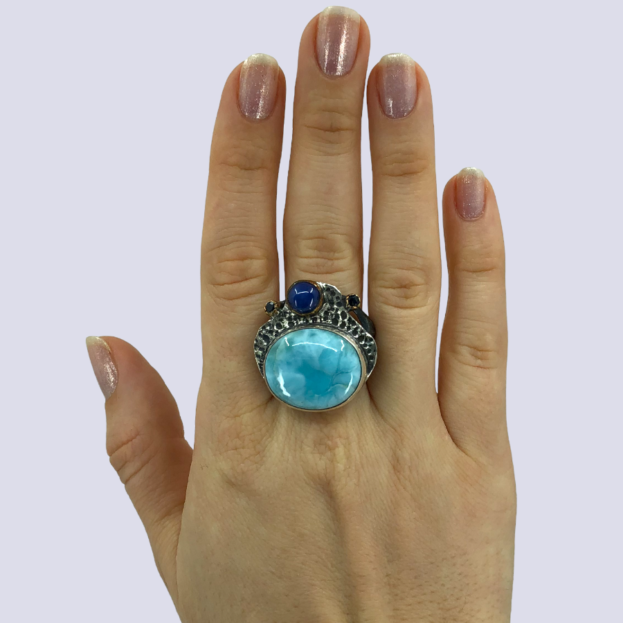 925 Oxidized Silver Ring With Larimar And Sapphires, Size 8.5