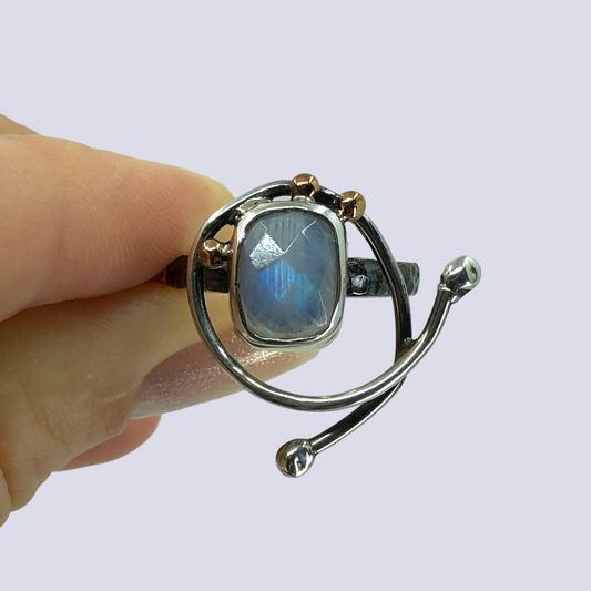 925 Oxidized Silver Ring With Rainbow Moonstone, Size 7