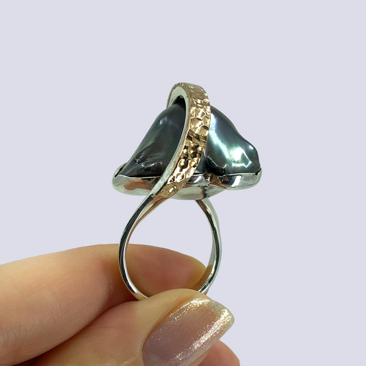 925 Sterling Silver Ring With Tahitian Baroque Pearl, Size 9