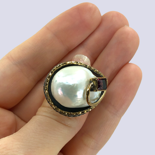 925 Sterling Silver Ring With Baroque Pearl And Pink Tourmaline, Size 10