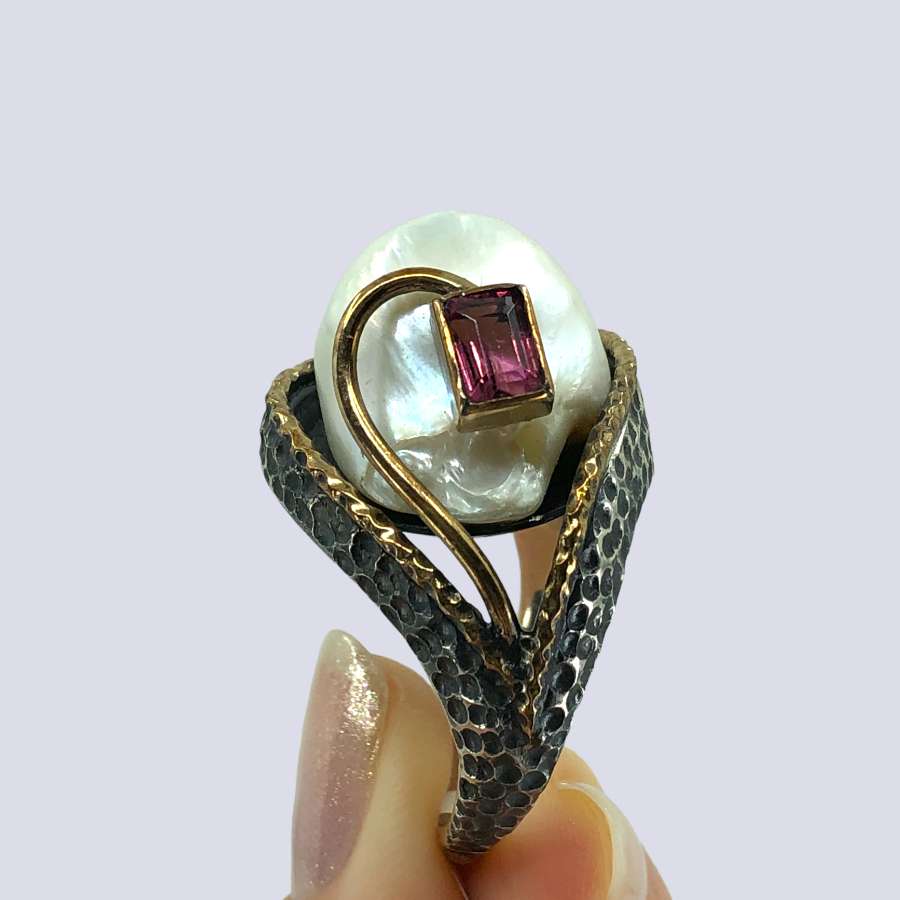 925 Sterling Silver Ring With Baroque Pearl And Pink Tourmaline, Size 10