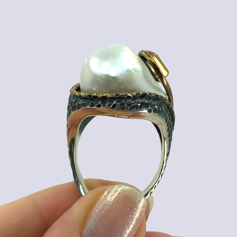 925 Sterling Silver Ring With Baroque Pearl And Pink Tourmaline, Size 10