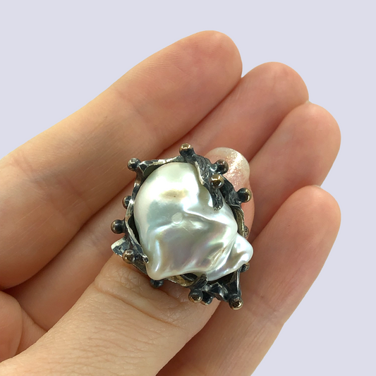 925 Sterling Silver Ring With Baroque Pearl, Size 7