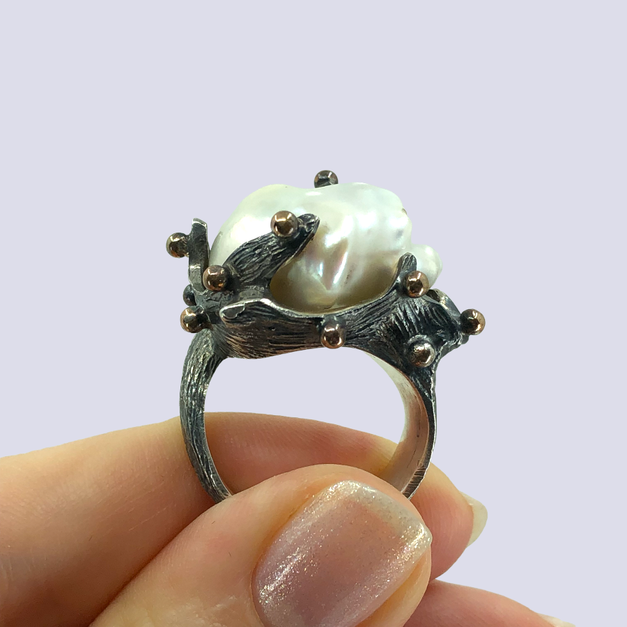 925 Sterling Silver Ring With Baroque Pearl, Size 7