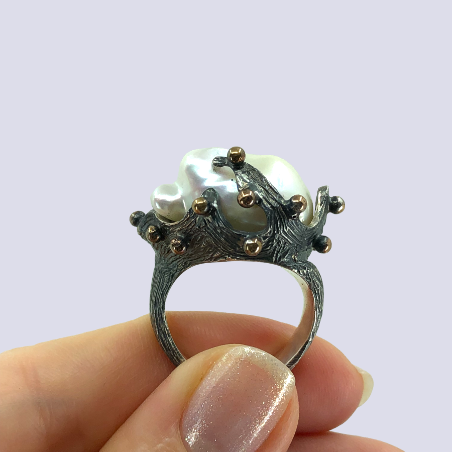 925 Sterling Silver Ring With Baroque Pearl, Size 7