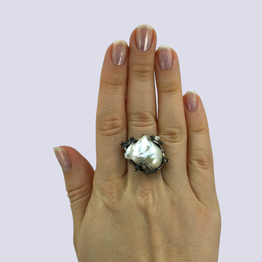 925 Sterling Silver Ring With Baroque Pearl, Size 7