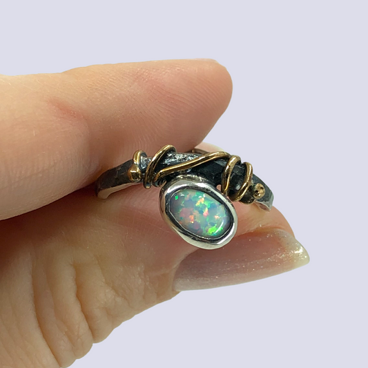 925 Oxidized Silver Ring With White Opal, Size 6