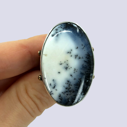 925 Oxidized Silver Ring With Dendritic Agate, Size 7.5