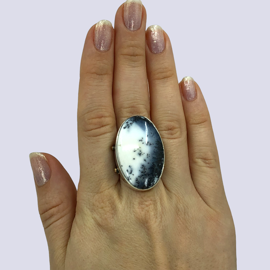 925 Oxidized Silver Ring With Dendritic Agate, Size 7.5