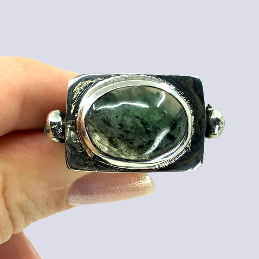 925 Oxidized Silver Ring With Green Rutilated Quartz And Emeralds, Size 8.57