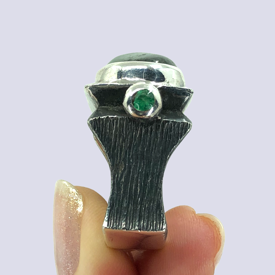 925 Oxidized Silver Ring With Green Rutilated Quartz And Emeralds, Size 8.57