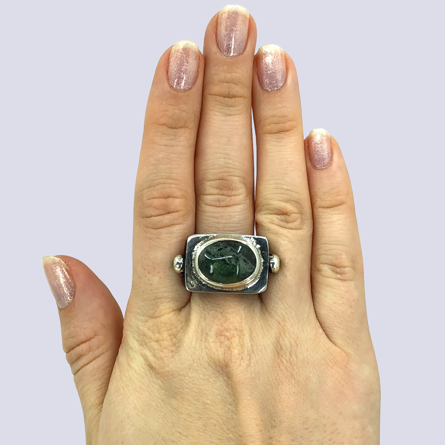 925 Oxidized Silver Ring With Green Rutilated Quartz And Emeralds, Size 8.57