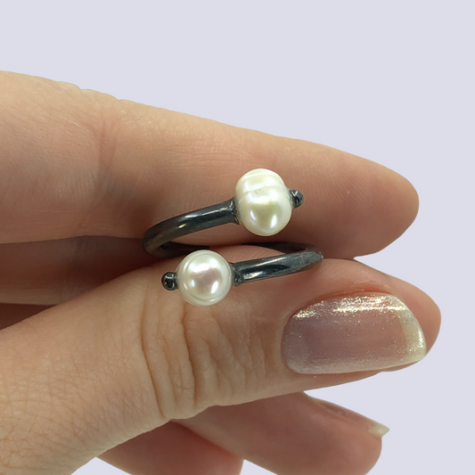 925 Oxidized Silver Ring With Baroque Pearls, Size 6.5 (Adjustable)