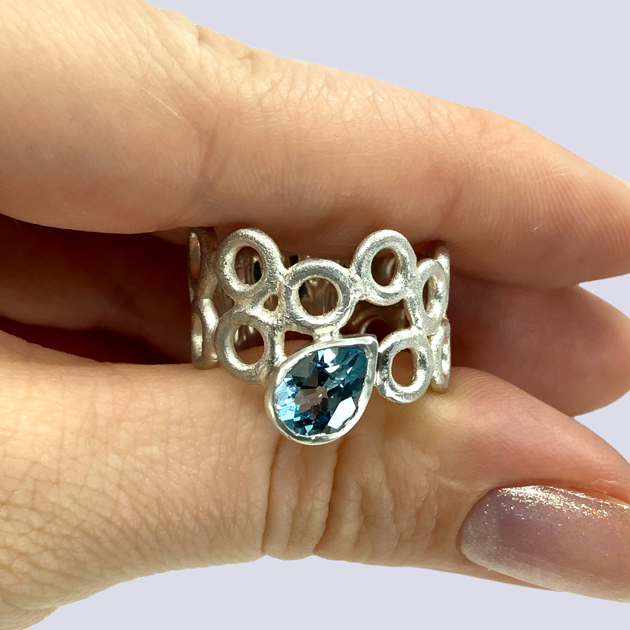 Frosted Silver Ring With Blue Topaz, Size 8