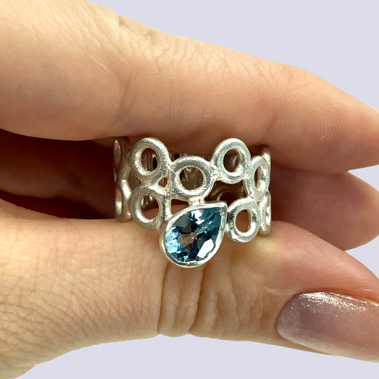 Frosted Silver Ring With Blue Topaz, Size 8