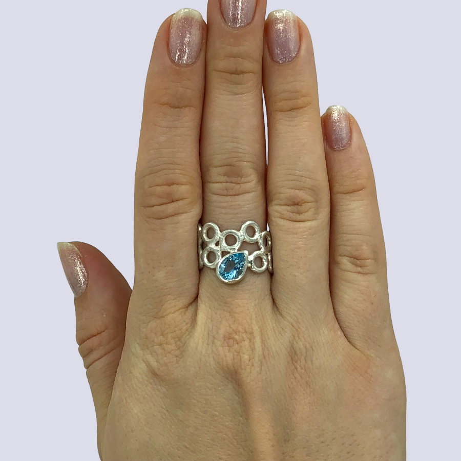 Frosted Silver Ring With Blue Topaz, Size 8