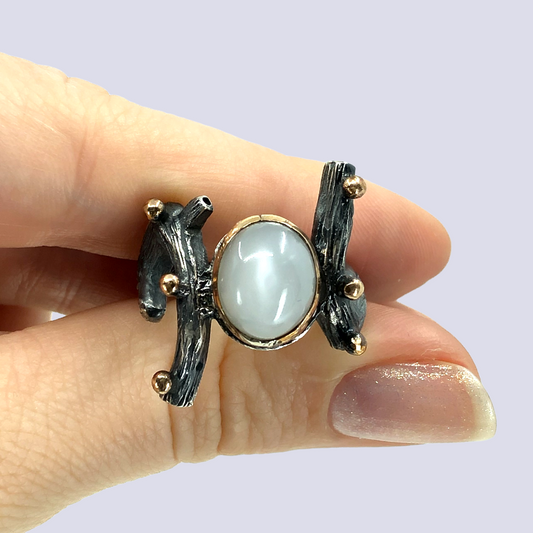 925 Oxidized Silver Ring With White Moonstone, Size 6.5