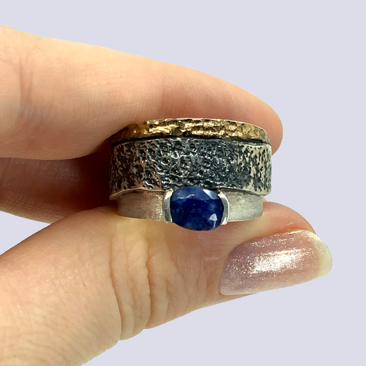 925 Oxidized Silver Ring With Blue Sapphire, Size 7