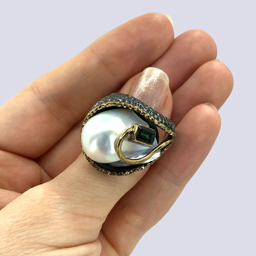 925 Sterling Silver Ring With Baroque Pearl And Green Tourmaline, Size 10.5