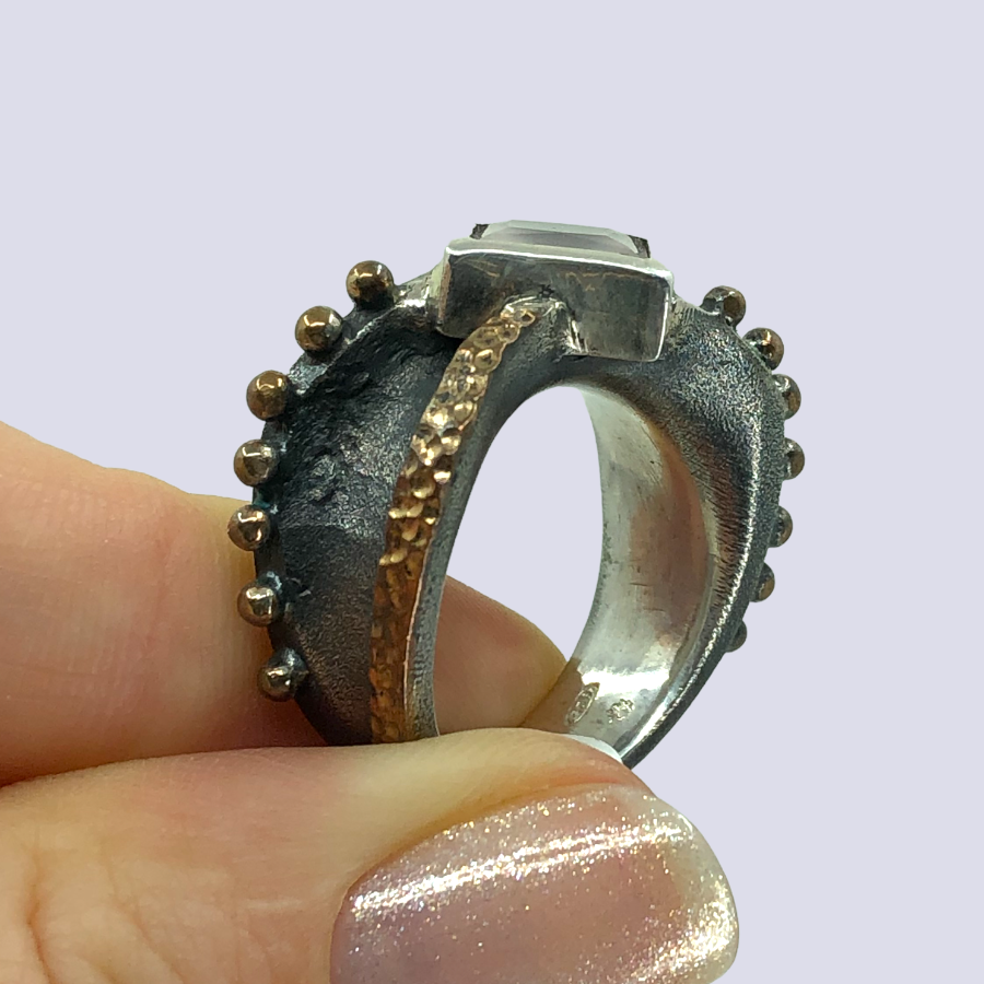 925 Oxidized Silver Ring With Rose Quartz, Size 7