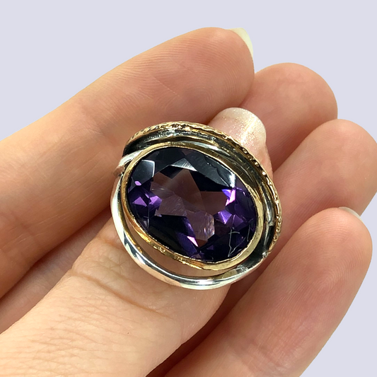 925 Oxidized Silver Ring With Amethyst, Size 7