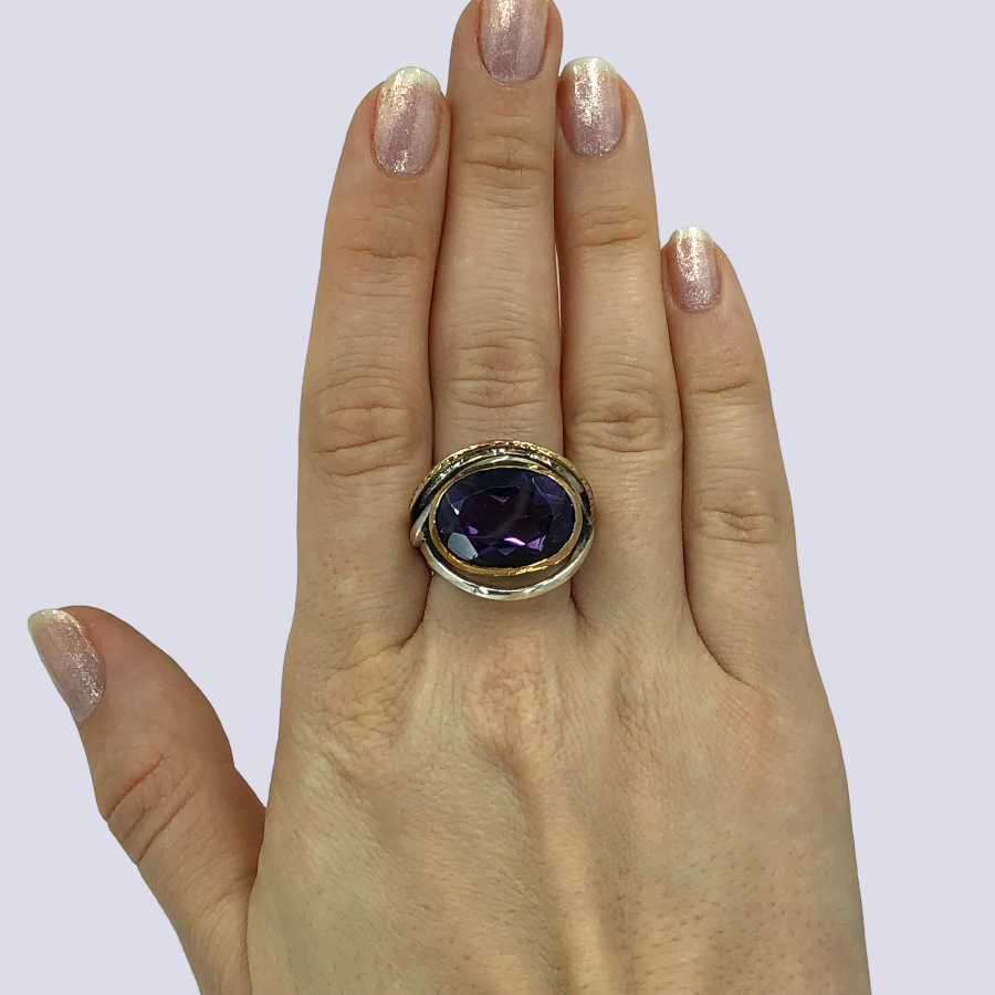 925 Oxidized Silver Ring With Amethyst, Size 7