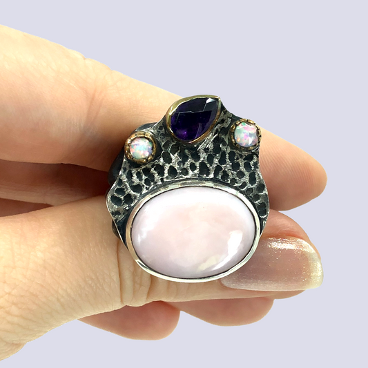 925 Oxidized Silver Ring With Pink And White Opal And Amethyst, Size 8