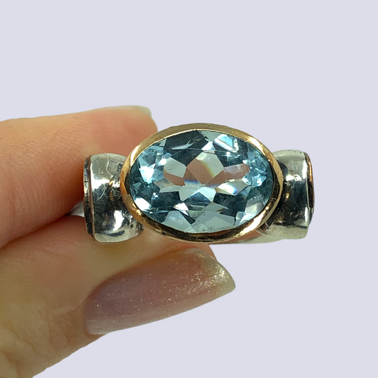 925 Oxidized Silver Ring With Blue Topaz, Size 6