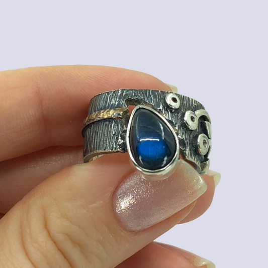 925 Oxidized Silver Ring With Labradorite, Size 8