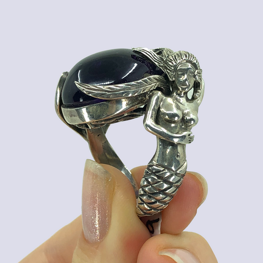 Mermaid 925 Oxidized Silver Ring With Amethyst, Size 9