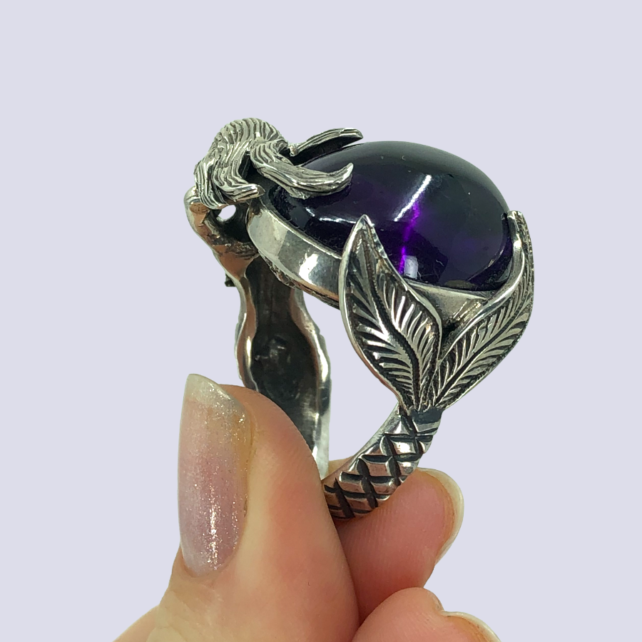 Mermaid 925 Oxidized Silver Ring With Amethyst, Size 9