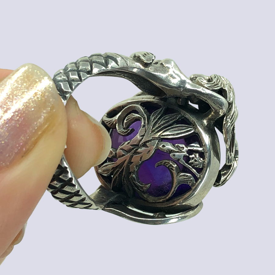 Mermaid 925 Oxidized Silver Ring With Amethyst, Size 9