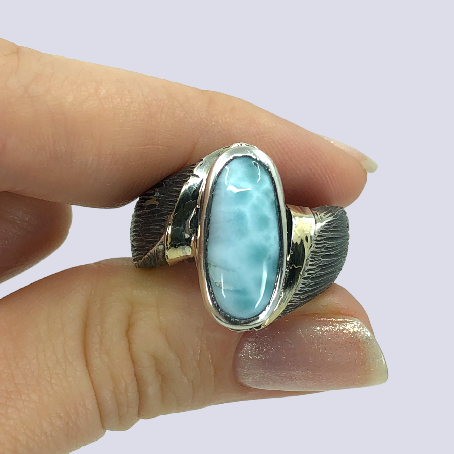 925 Oxidized Silver Ring With Larimar, Size 8.5